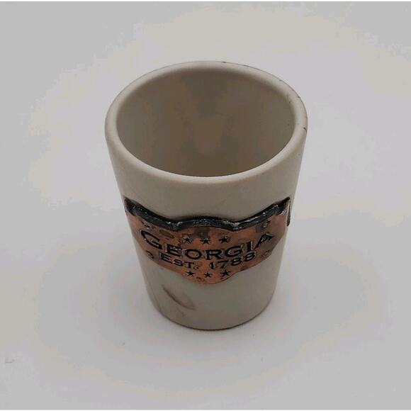 GEORGIA Ceramic Shot Glass Marble Look Copper Plate Est 1788 Collectible Barware - Picture 3 of 9